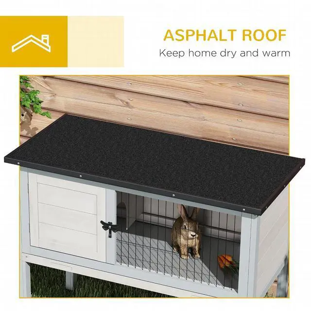 Alt view image 6 of 7 - PawHut Elevated Wooden Rabbit Hutch Indoor/Outdoor Bunny Cage Light Gray | Hinged Asphalt Roof, Removable Tray for Guinea Pig