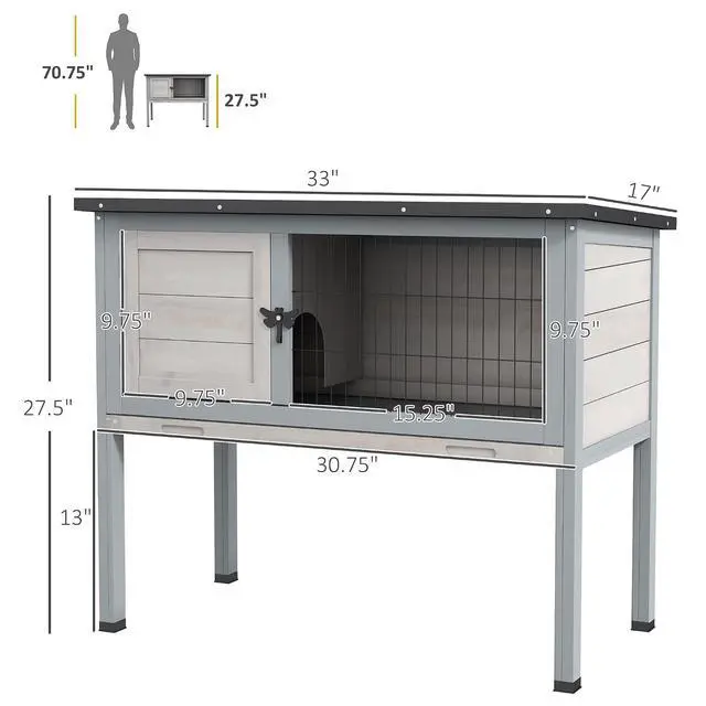 Alt view image 7 of 7 - PawHut Elevated Wooden Rabbit Hutch Indoor/Outdoor Bunny Cage Light Gray | Hinged Asphalt Roof, Removable Tray for Guinea Pig