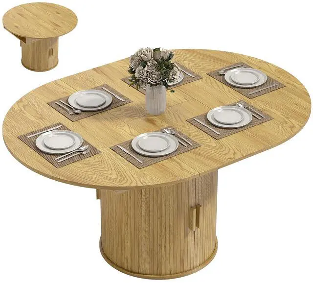 Main image of 43.3" to 59" Extendable Round Dining Table for 4-6, Natural Wood | Round to Oval, 8 Compartment Storage, Farmhouse Dining Room Table, Circle Kitchen Table, Fluted Sliding Doors, Living Room