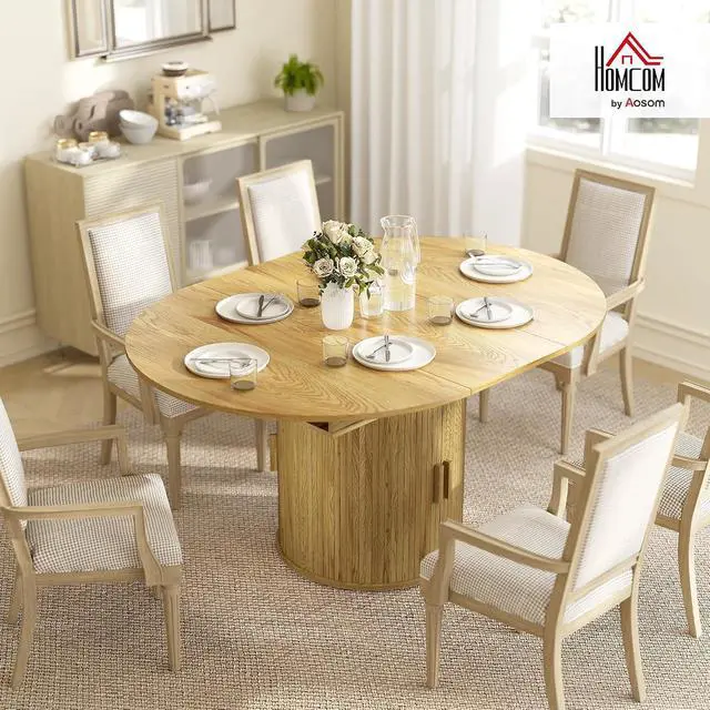 Alt view image 2 of 7 - 43.3" to 59" Extendable Round Dining Table for 4-6, Natural Wood | Round to Oval, 8 Compartment Storage, Farmhouse Dining Room Table, Circle Kitchen Table, Fluted Sliding Doors, Living Room
