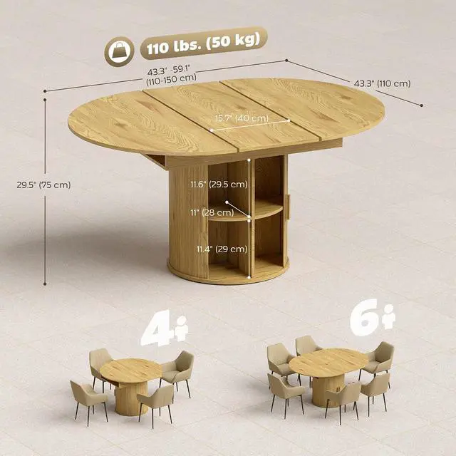 Alt view image 3 of 7 - 43.3" to 59" Extendable Round Dining Table for 4-6, Natural Wood | Round to Oval, 8 Compartment Storage, Farmhouse Dining Room Table, Circle Kitchen Table, Fluted Sliding Doors, Living Room