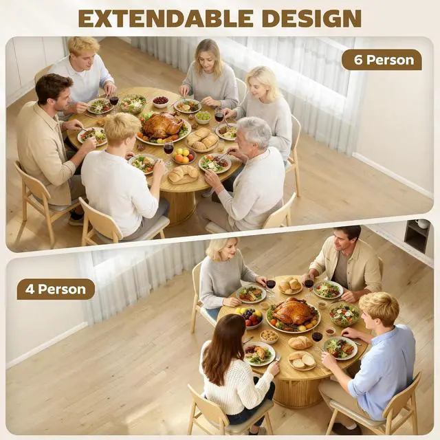 Alt view image 4 of 7 - 43.3" to 59" Extendable Round Dining Table for 4-6, Natural Wood | Round to Oval, 8 Compartment Storage, Farmhouse Dining Room Table, Circle Kitchen Table, Fluted Sliding Doors, Living Room