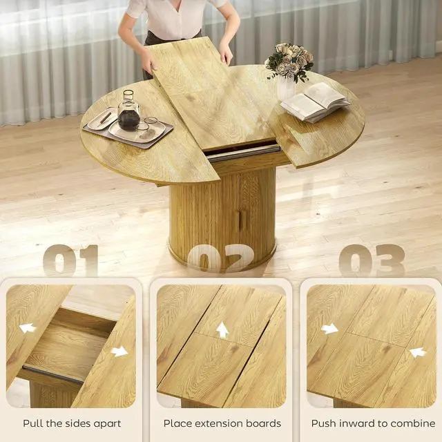 Alt view image 5 of 7 - 43.3" to 59" Extendable Round Dining Table for 4-6, Natural Wood | Round to Oval, 8 Compartment Storage, Farmhouse Dining Room Table, Circle Kitchen Table, Fluted Sliding Doors, Living Room