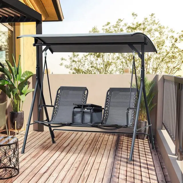 Alt view image 2 of 7 - 2-Seater Patio Swing Chair Outdoor Canopy Swing Glider, Gray | Pivot Storage Table, Cup Holder, Adjustable Shade, Bungie Seat Suspension, Weather Resistant Steel Frame
