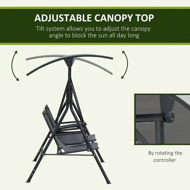 Alt view image 3 of 7 - 2-Seater Patio Swing Chair Outdoor Canopy Swing Glider, Gray | Pivot Storage Table, Cup Holder, Adjustable Shade, Bungie Seat Suspension, Weather Resistant Steel Frame