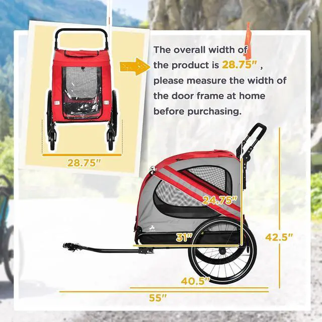 Alt view image 7 of 7 - 2-in-1 Pet Bike Trailer for Medium Dogs | Road-Visibility Dog Stroller Bicycle Carrier, Weather-Strong Bike Wagon Trailer, Sidecar Attachment