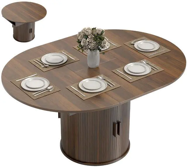 Main image of 43.3" to 59" Extendable Round Dining Table for 4-6, Walnut | Round to Oval, 8 Compartment Storage, Farmhouse Dining Room Table, Circle Kitchen Table, Fluted Sliding Doors, Living Room