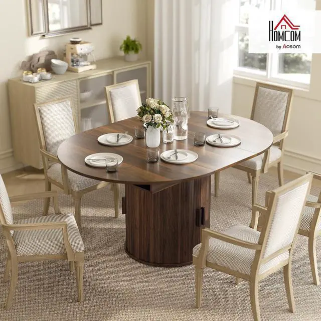 Alt view image 2 of 7 - 43.3" to 59" Extendable Round Dining Table for 4-6, Walnut | Round to Oval, 8 Compartment Storage, Farmhouse Dining Room Table, Circle Kitchen Table, Fluted Sliding Doors, Living Room