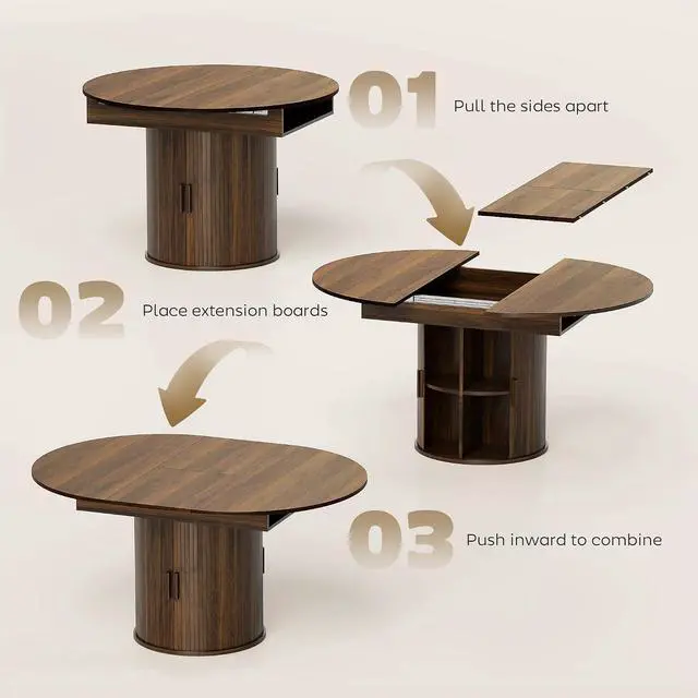 Alt view image 5 of 7 - 43.3" to 59" Extendable Round Dining Table for 4-6, Walnut | Round to Oval, 8 Compartment Storage, Farmhouse Dining Room Table, Circle Kitchen Table, Fluted Sliding Doors, Living Room