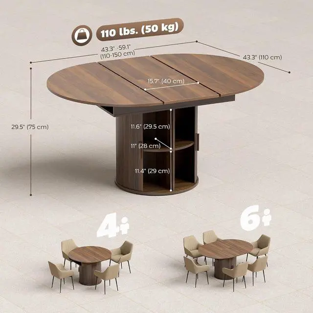 Alt view image 3 of 7 - 43.3" to 59" Extendable Round Dining Table for 4-6, Walnut | Round to Oval, 8 Compartment Storage, Farmhouse Dining Room Table, Circle Kitchen Table, Fluted Sliding Doors, Living Room