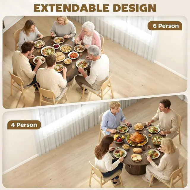 Alt view image 4 of 7 - 43.3" to 59" Extendable Round Dining Table for 4-6, Walnut | Round to Oval, 8 Compartment Storage, Farmhouse Dining Room Table, Circle Kitchen Table, Fluted Sliding Doors, Living Room