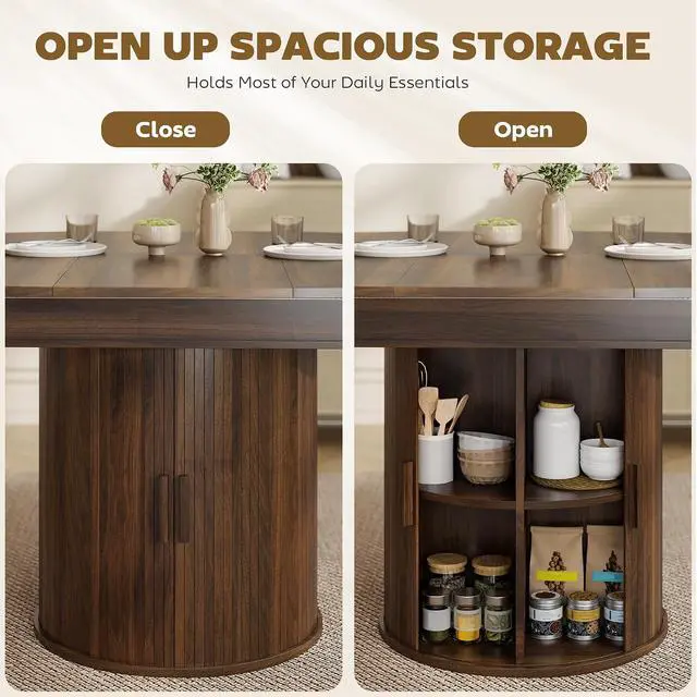 Alt view image 6 of 7 - 43.3" to 59" Extendable Round Dining Table for 4-6, Walnut | Round to Oval, 8 Compartment Storage, Farmhouse Dining Room Table, Circle Kitchen Table, Fluted Sliding Doors, Living Room