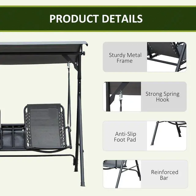Alt view image 6 of 7 - 2-Seater Patio Swing Chair Outdoor Canopy Swing Glider, Gray | Pivot Storage Table, Cup Holder, Adjustable Shade, Bungie Seat Suspension, Weather Resistant Steel Frame