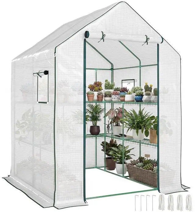 Main image of 4.6' x 4.7' Portable Greenhouse Walk-in Water/UV Resistant White | Small Outdoor Green House, 2 Tier U-Shaped Flower Rack Shelves, Roll Up Door & Windows