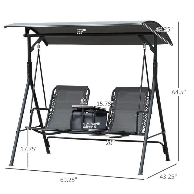 Alt view image 7 of 7 - 2-Seater Patio Swing Chair Outdoor Canopy Swing Glider, Gray | Pivot Storage Table, Cup Holder, Adjustable Shade, Bungie Seat Suspension, Weather Resistant Steel Frame