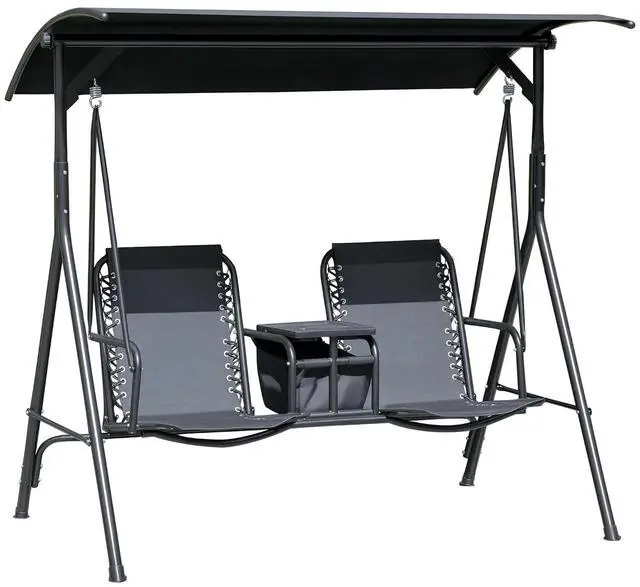 Main image of 2-Seater Patio Swing Chair Outdoor Canopy Swing Glider, Black | Pivot Storage Table, Cup Holder, Adjustable Shade, Bungie Seat Suspension, Weather Resistant Steel Frame
