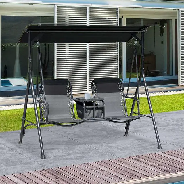 Alt view image 2 of 7 - 2-Seater Patio Swing Chair Outdoor Canopy Swing Glider, Black | Pivot Storage Table, Cup Holder, Adjustable Shade, Bungie Seat Suspension, Weather Resistant Steel Frame