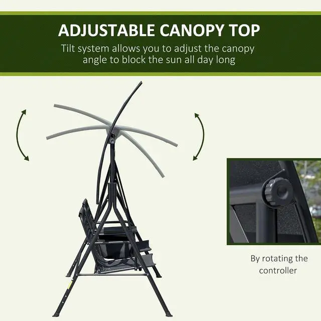 Alt view image 3 of 7 - 2-Seater Patio Swing Chair Outdoor Canopy Swing Glider, Black | Pivot Storage Table, Cup Holder, Adjustable Shade, Bungie Seat Suspension, Weather Resistant Steel Frame