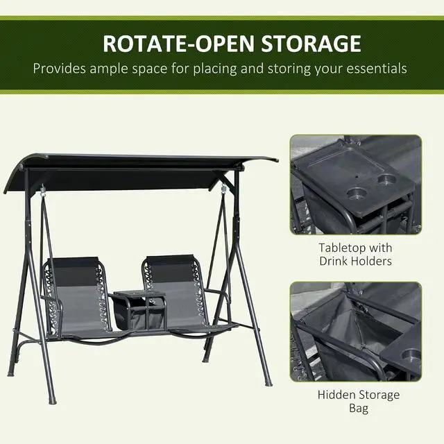 Alt view image 5 of 7 - 2-Seater Patio Swing Chair Outdoor Canopy Swing Glider, Black | Pivot Storage Table, Cup Holder, Adjustable Shade, Bungie Seat Suspension, Weather Resistant Steel Frame