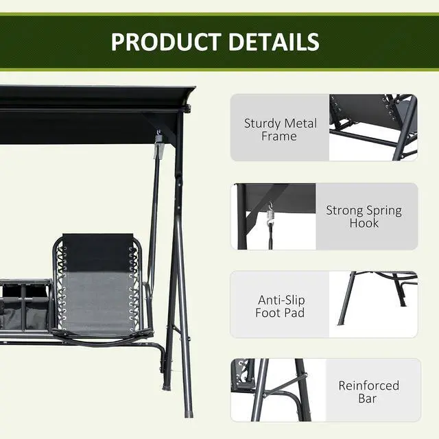 Alt view image 6 of 7 - 2-Seater Patio Swing Chair Outdoor Canopy Swing Glider, Black | Pivot Storage Table, Cup Holder, Adjustable Shade, Bungie Seat Suspension, Weather Resistant Steel Frame