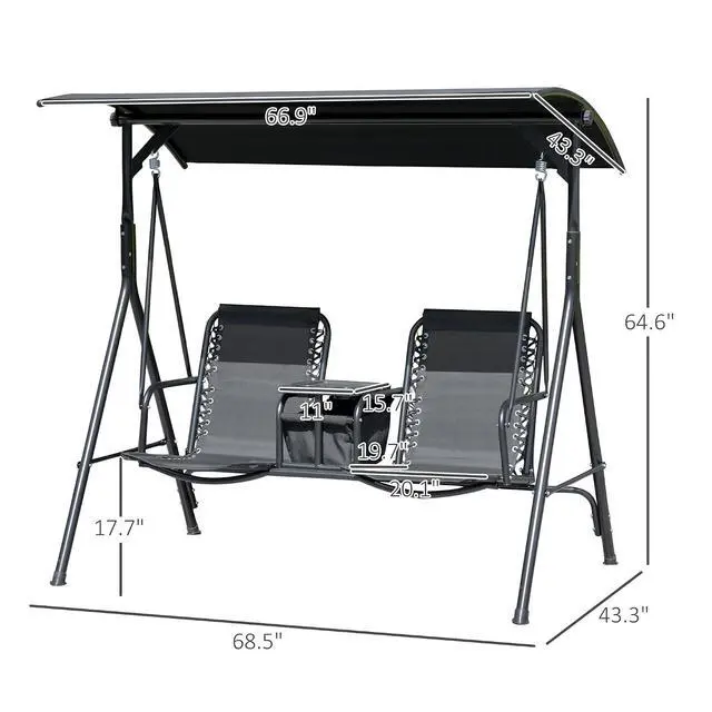 Alt view image 7 of 7 - 2-Seater Patio Swing Chair Outdoor Canopy Swing Glider, Black | Pivot Storage Table, Cup Holder, Adjustable Shade, Bungie Seat Suspension, Weather Resistant Steel Frame