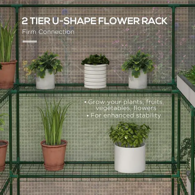 Alt view image 3 of 7 - 4.6' x 4.7' Portable Greenhouse Walk-in Water/UV Resistant White | Small Outdoor Green House, 2 Tier U-Shaped Flower Rack Shelves, Roll Up Door & Windows