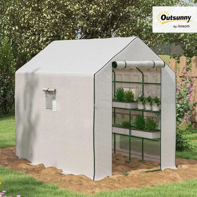 Alt view image 2 of 7 - 4.6' x 4.7' Portable Greenhouse Walk-in Water/UV Resistant White | Small Outdoor Green House, 2 Tier U-Shaped Flower Rack Shelves, Roll Up Door & Windows