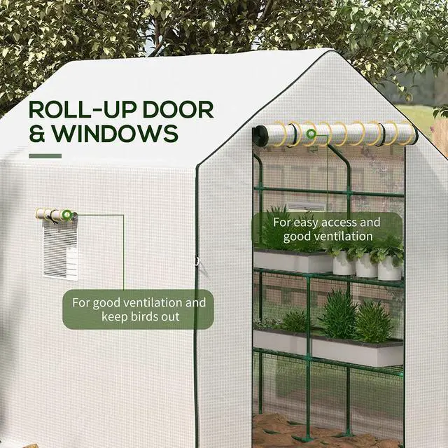 Alt view image 5 of 7 - 4.6' x 4.7' Portable Greenhouse Walk-in Water/UV Resistant White | Small Outdoor Green House, 2 Tier U-Shaped Flower Rack Shelves, Roll Up Door & Windows