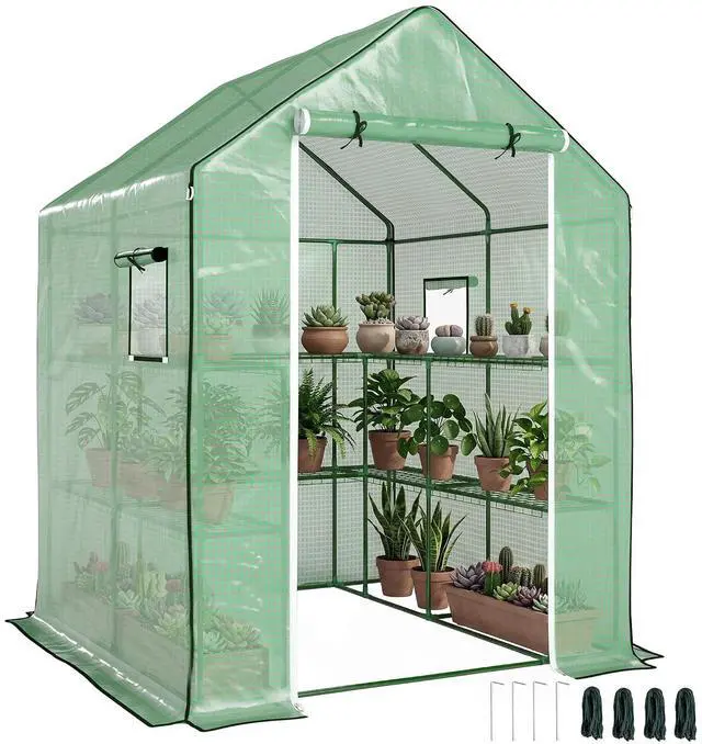 Main image of 4.6' x 4.7' Portable Greenhouse Walk-in Water/UV Resistant Green | Small Outdoor Green House, 2 Tier U-Shaped Flower Rack Shelves, Roll Up Door & Windows