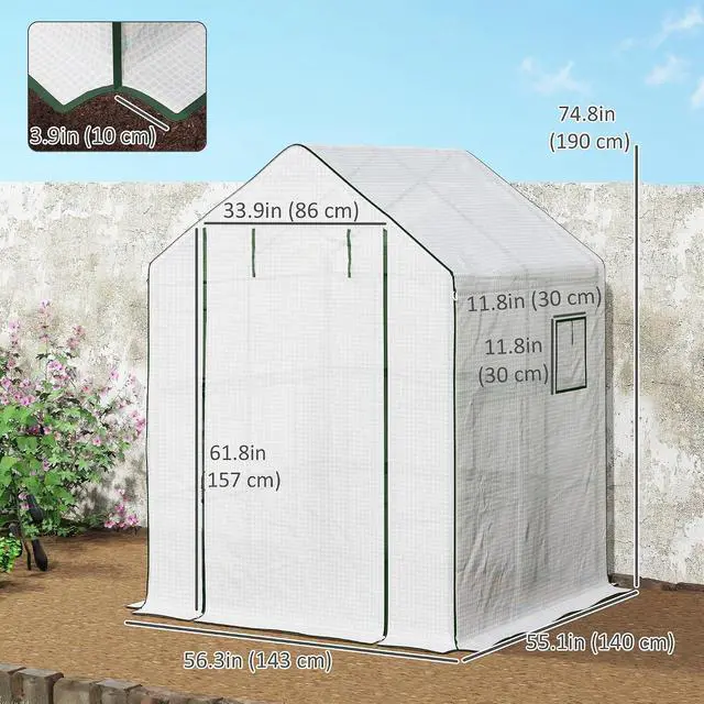 Alt view image 7 of 7 - 4.6' x 4.7' Portable Greenhouse Walk-in Water/UV Resistant White | Small Outdoor Green House, 2 Tier U-Shaped Flower Rack Shelves, Roll Up Door & Windows