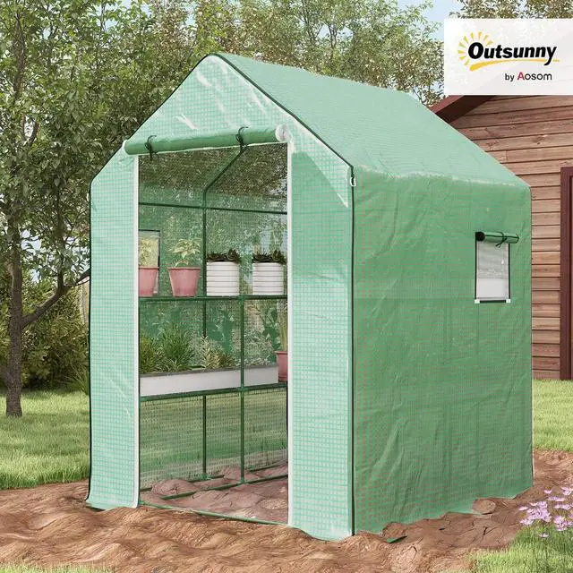 Alt view image 2 of 7 - 4.6' x 4.7' Portable Greenhouse Walk-in Water/UV Resistant Green | Small Outdoor Green House, 2 Tier U-Shaped Flower Rack Shelves, Roll Up Door & Windows