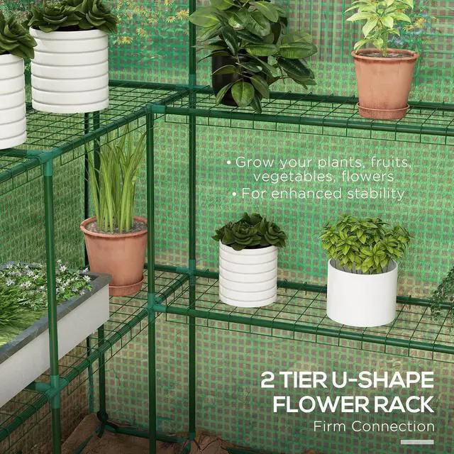 Alt view image 3 of 7 - 4.6' x 4.7' Portable Greenhouse Walk-in Water/UV Resistant Green | Small Outdoor Green House, 2 Tier U-Shaped Flower Rack Shelves, Roll Up Door & Windows