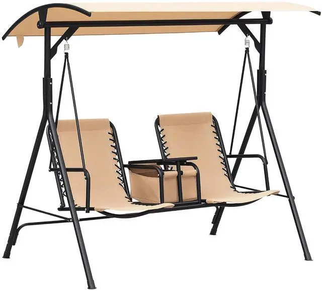 Main image of 2-Seater Patio Swing Chair Outdoor Canopy Swing Glider, Beige | Pivot Storage Table, Cup Holder, Adjustable Shade, Bungie Seat Suspension, Weather Resistant Steel Frame