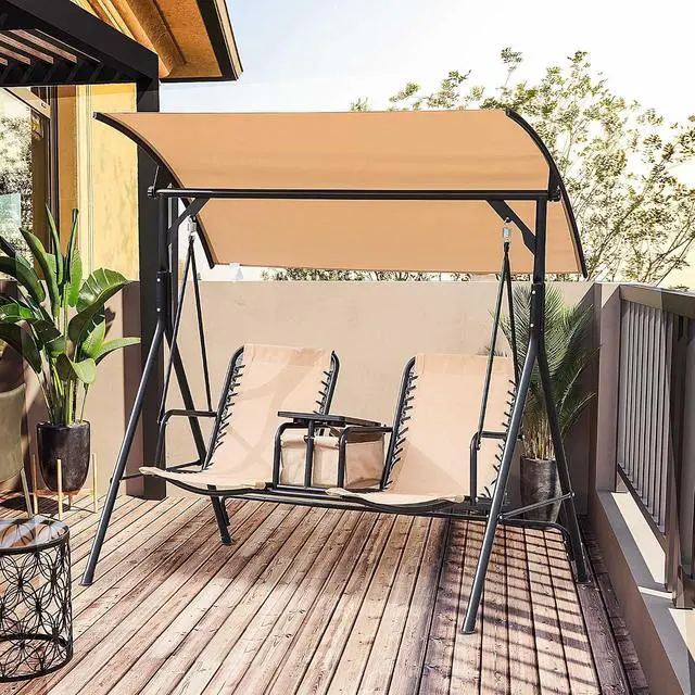 Alt view image 2 of 7 - 2-Seater Patio Swing Chair Outdoor Canopy Swing Glider, Beige | Pivot Storage Table, Cup Holder, Adjustable Shade, Bungie Seat Suspension, Weather Resistant Steel Frame