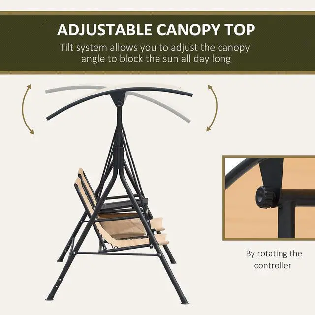 Alt view image 3 of 7 - 2-Seater Patio Swing Chair Outdoor Canopy Swing Glider, Beige | Pivot Storage Table, Cup Holder, Adjustable Shade, Bungie Seat Suspension, Weather Resistant Steel Frame