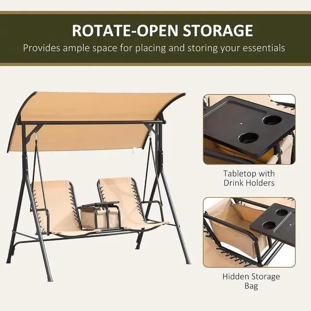 Alt view image 5 of 7 - 2-Seater Patio Swing Chair Outdoor Canopy Swing Glider, Beige | Pivot Storage Table, Cup Holder, Adjustable Shade, Bungie Seat Suspension, Weather Resistant Steel Frame