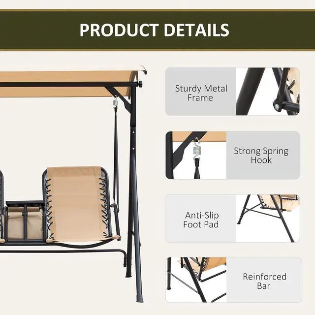 Alt view image 6 of 7 - 2-Seater Patio Swing Chair Outdoor Canopy Swing Glider, Beige | Pivot Storage Table, Cup Holder, Adjustable Shade, Bungie Seat Suspension, Weather Resistant Steel Frame