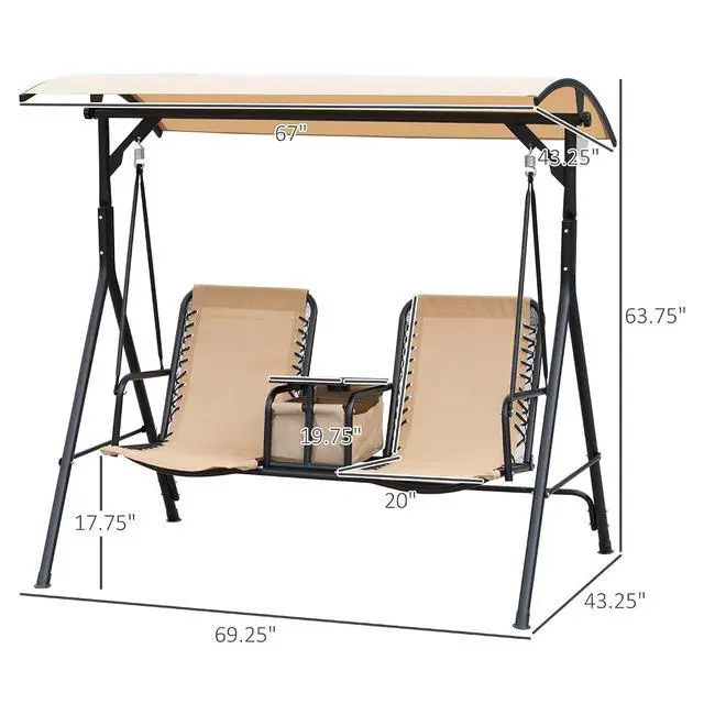 Alt view image 7 of 7 - 2-Seater Patio Swing Chair Outdoor Canopy Swing Glider, Beige | Pivot Storage Table, Cup Holder, Adjustable Shade, Bungie Seat Suspension, Weather Resistant Steel Frame