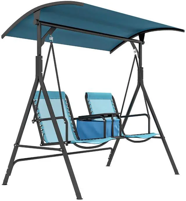 Main image of 2-Seater Patio Swing Chair Outdoor Canopy Swing Glider, Blue | Pivot Storage Table, Cup Holder, Adjustable Shade, Bungie Seat Suspension, Weather Resistant Steel Frame