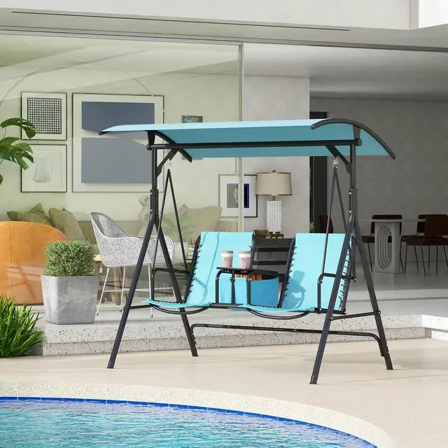 Alt view image 2 of 7 - 2-Seater Patio Swing Chair Outdoor Canopy Swing Glider, Blue | Pivot Storage Table, Cup Holder, Adjustable Shade, Bungie Seat Suspension, Weather Resistant Steel Frame