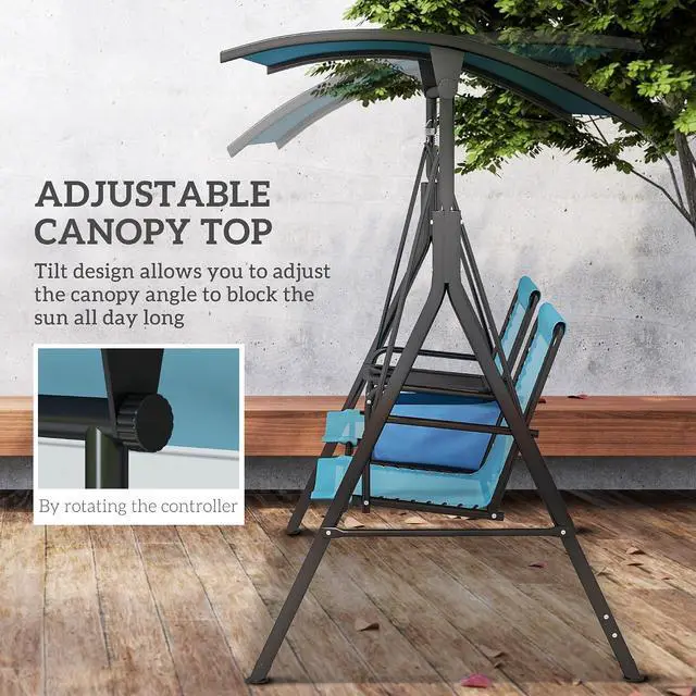 Alt view image 3 of 7 - 2-Seater Patio Swing Chair Outdoor Canopy Swing Glider, Blue | Pivot Storage Table, Cup Holder, Adjustable Shade, Bungie Seat Suspension, Weather Resistant Steel Frame