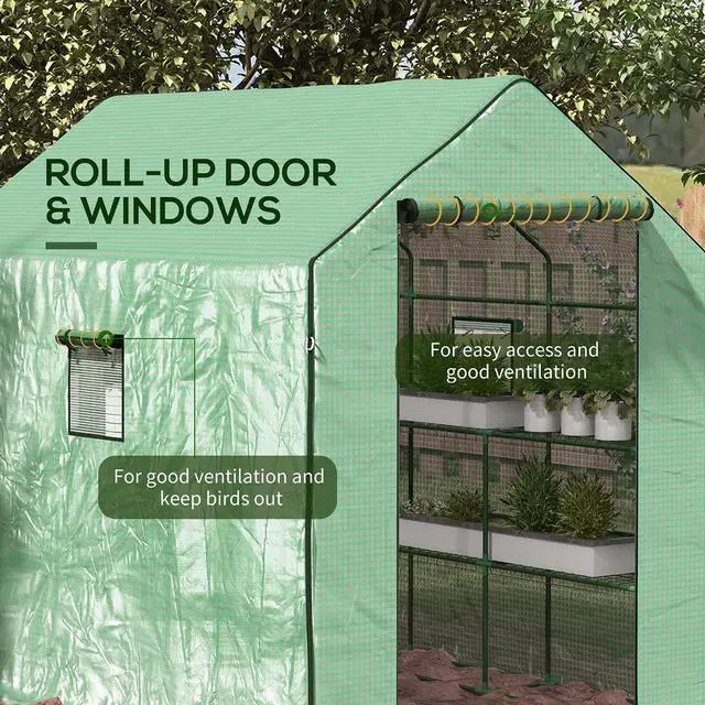 Alt view image 5 of 7 - 4.6' x 4.7' Portable Greenhouse Walk-in Water/UV Resistant Green | Small Outdoor Green House, 2 Tier U-Shaped Flower Rack Shelves, Roll Up Door & Windows