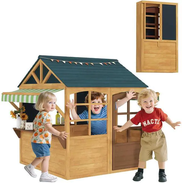 Main image of Qaba Foldable Outdoor Playhouse with Windows for Kids 3-8 Years Brown | Wooden Kids Cottage, Working Door, Snack Bars, Waterproof Covers, Blackboards
