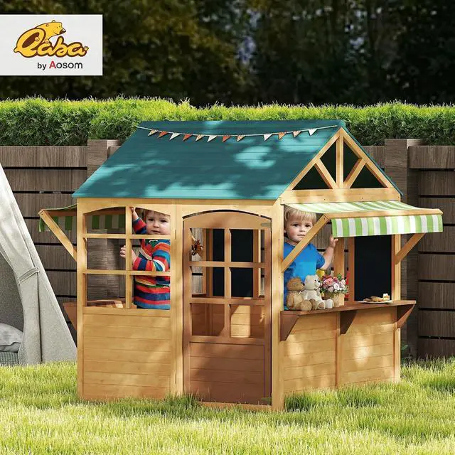 Alt view image 2 of 7 - Qaba Foldable Outdoor Playhouse with Windows for Kids 3-8 Years Brown | Wooden Kids Cottage, Working Door, Snack Bars, Waterproof Covers, Blackboards
