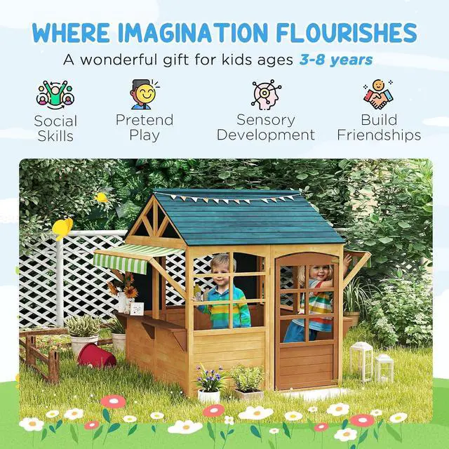 Alt view image 3 of 7 - Qaba Foldable Outdoor Playhouse with Windows for Kids 3-8 Years Brown | Wooden Kids Cottage, Working Door, Snack Bars, Waterproof Covers, Blackboards