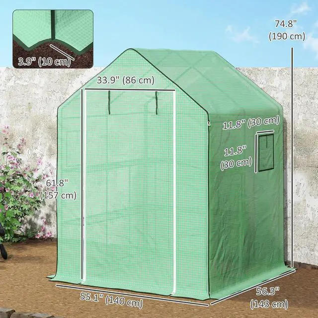Alt view image 7 of 7 - 4.6' x 4.7' Portable Greenhouse Walk-in Water/UV Resistant Green | Small Outdoor Green House, 2 Tier U-Shaped Flower Rack Shelves, Roll Up Door & Windows