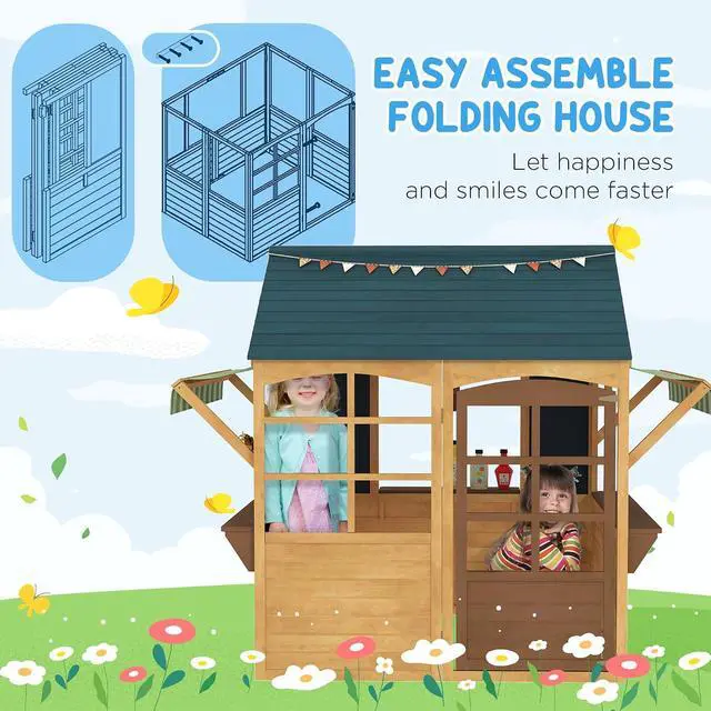 Alt view image 4 of 7 - Qaba Foldable Outdoor Playhouse with Windows for Kids 3-8 Years Brown | Wooden Kids Cottage, Working Door, Snack Bars, Waterproof Covers, Blackboards