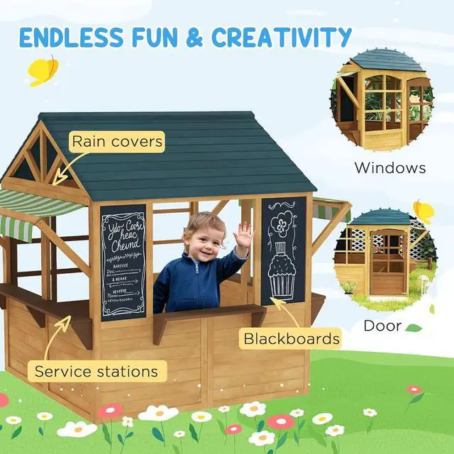 Alt view image 5 of 7 - Qaba Foldable Outdoor Playhouse with Windows for Kids 3-8 Years Brown | Wooden Kids Cottage, Working Door, Snack Bars, Waterproof Covers, Blackboards