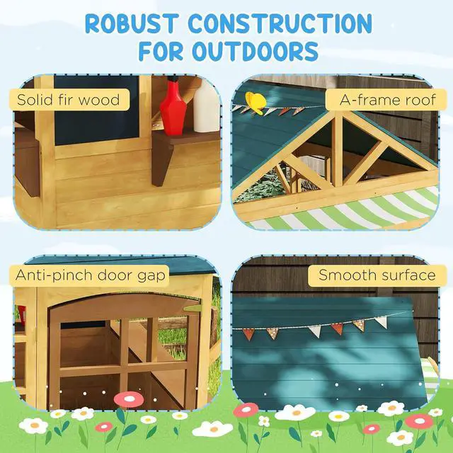 Alt view image 6 of 7 - Qaba Foldable Outdoor Playhouse with Windows for Kids 3-8 Years Brown | Wooden Kids Cottage, Working Door, Snack Bars, Waterproof Covers, Blackboards