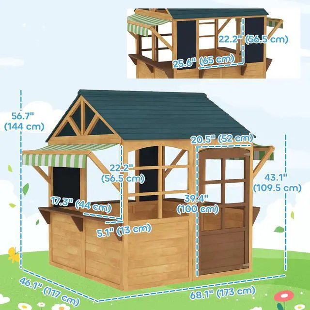 Alt view image 7 of 7 - Qaba Foldable Outdoor Playhouse with Windows for Kids 3-8 Years Brown | Wooden Kids Cottage, Working Door, Snack Bars, Waterproof Covers, Blackboards